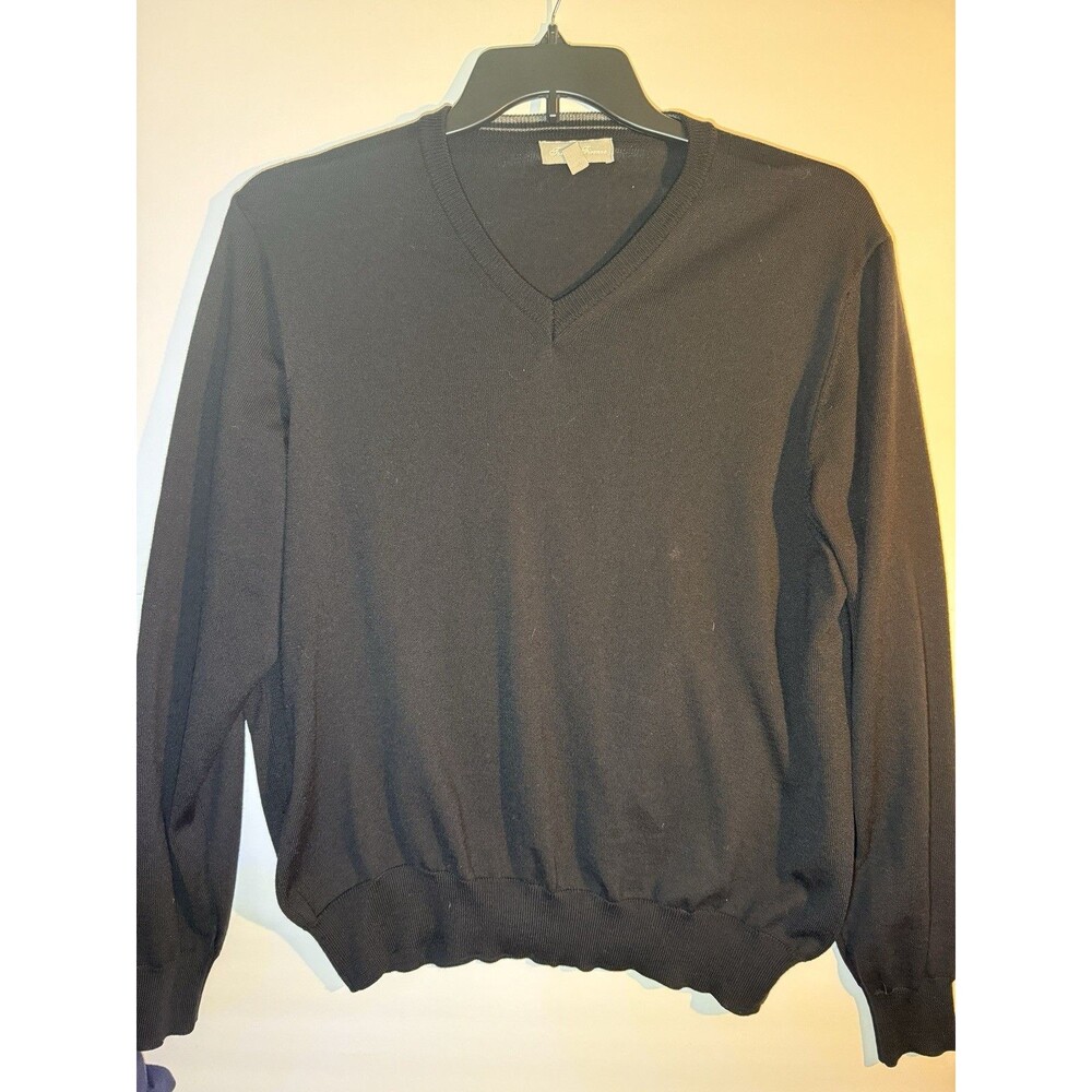 Toscano Firenze Men's L Black V-Neck Pullover Merino Wool Tight-Knit Sweater